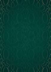 Hand-drawn unique abstract ornament. Light green on a dark cold green background, with vignette in golden glitter. Paper texture. Digital artwork, A4. (pattern: p08-1e)