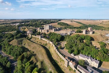 Fototapeta na wymiar Dover Castle Kent England dramatic aerial drone view of medieval fortifications .