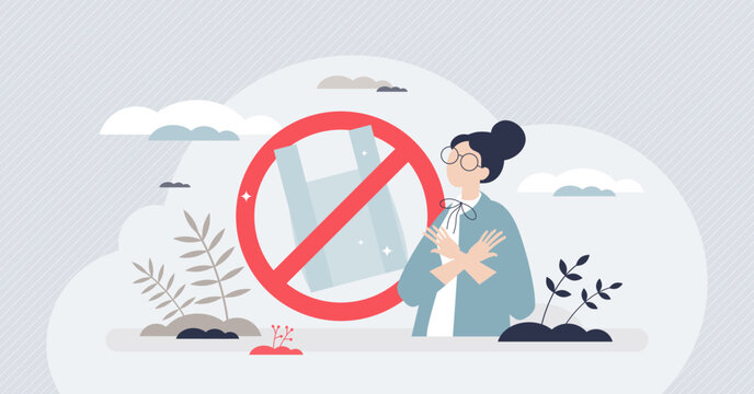 Say no to plastic and use recyclable packaging material tiny person concept. Ecological lifestyle and nature pollution solution with reducing contamination and polyethylene usage vector illustration