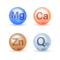 A set of mineral and vitamin complexes. Medical concept. Isolated on a white background. Icons are Calcium, Magnesium, Zinc, Q10.