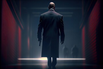 Mafia hitman in a suit, bald killer silhouette in a coat with a gun in the raining city, bodyguard assassin, neon lights, car, gun. Generative AI - obrazy, fototapety, plakaty