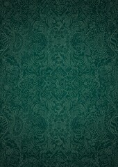 Hand-drawn unique abstract symmetrical seamless ornament. Bright green on a deep cold green with vignette of a darker background color. Paper texture. Digital artwork, A4. (pattern: p04d)