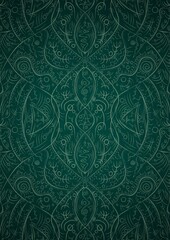 Hand-drawn unique abstract symmetrical seamless ornament. Bright green on a deep cold green with vignette of a darker background color. Paper texture. Digital artwork, A4. (pattern: p08-2d)