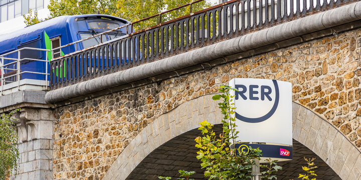 RER C sign at the entrance of the Issy Val de Seine train station in Issy-les-Moulineaux, France