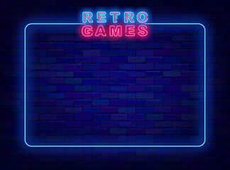 Retro games neon banner. Empty frame with space for text. Luminous poster. Vector stock illustration