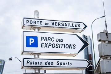 Porte de Versailles and Parc des Expositions road sign in Paris France 