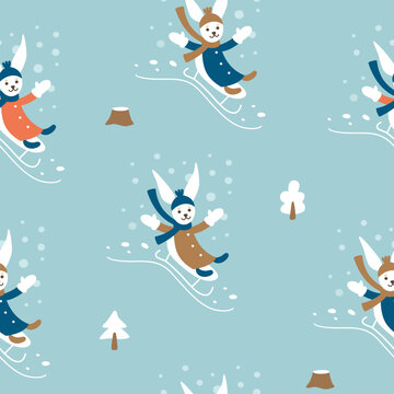A rabbit on a sleigh descends a hill surrounded by forest and snowfall. Seamless vector pattern on a blue background.