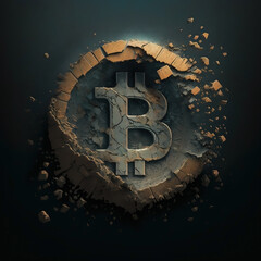 Exploding Concept art of crumbling cryptocurrencies. Fall of bitcoin. Money loss. Explosion and debris. Post apocalypse. Stock market. Collection set 6