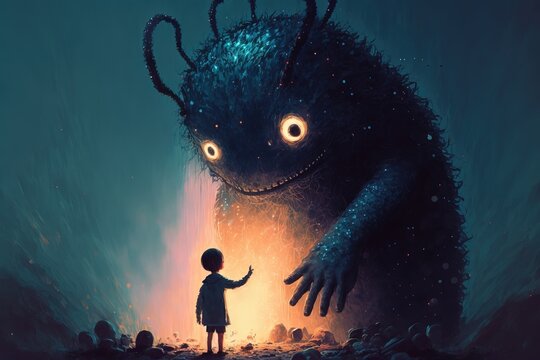 Kid and the monster. fantasy scenery. concept art.