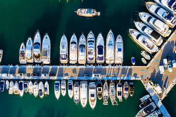 Aerial view, Spain, Balearic Islands, Mallorca, Andratx, Port d'Andratx, coast and natural harbor at dusk
