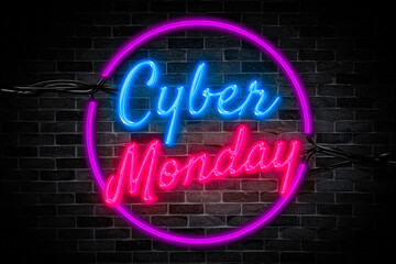 Cyber Monday Neon sign banner on brick wall background.