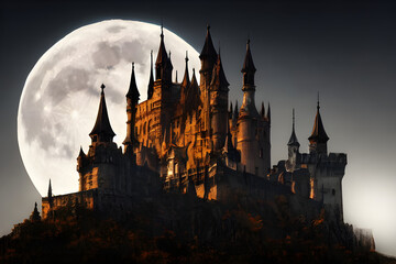 Fototapeta na wymiar Digital Illustration Dark Castle Under a Big Moon