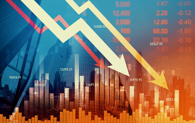 Economic crisis concept shown by declining graphs and digital indicators overlap modernistic city...