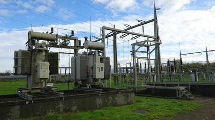 Substation with transformers and switchgear.