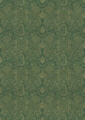 Hand-drawn unique abstract symmetrical seamless gold ornament of golden glitter on a warm green background. Paper texture. Digital artwork, A4. (pattern: p01e)