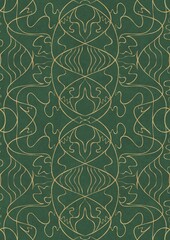 Hand-drawn unique abstract symmetrical seamless gold ornament of golden glitter on a warm green background. Paper texture. Digital artwork, A4. (pattern: p02-1d)