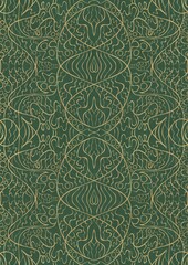 Hand-drawn unique abstract symmetrical seamless gold ornament of golden glitter on a warm green background. Paper texture. Digital artwork, A4. (pattern: p02-2d)