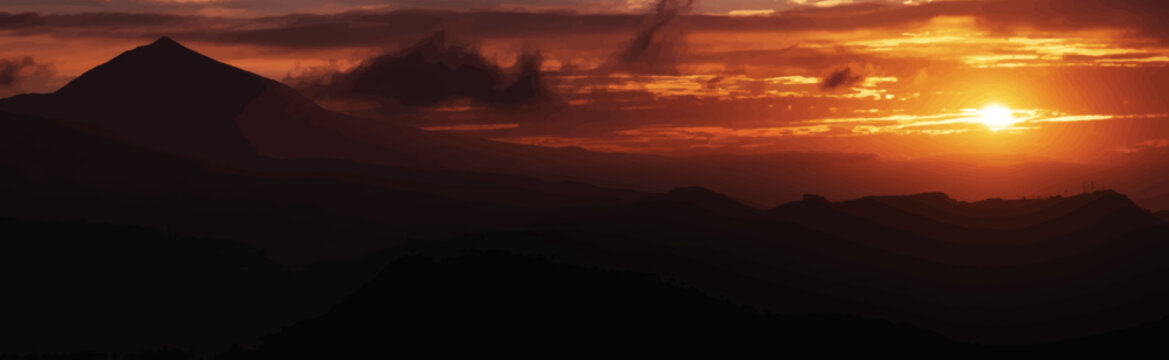Vector silhouette of mountains on sunset background.