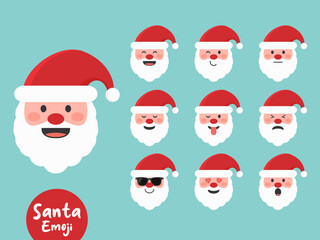 Santa Claus emoji set with cute and different faces and emotions. Flat vector illustration.