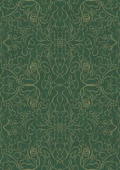 Hand-drawn unique abstract symmetrical seamless gold ornament of golden glitter on a warm green background. Paper texture. Digital artwork, A4. (pattern: p07-1d)