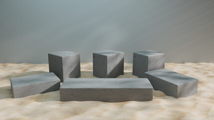 3D rendering, Brown stone podium, Cosmetic display stand on blue background. presentation backdrop.