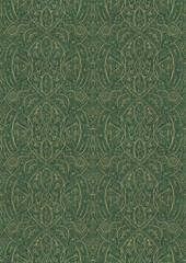 Hand-drawn unique abstract symmetrical seamless gold ornament of golden glitter on a warm green background. Paper texture. Digital artwork, A4. (pattern: p08-2e)