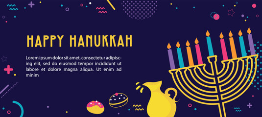 Hanukkah yellow template with Torah, menorah and dreidels. Greeting card. Translation Happy Hanukkah. Vector illustration.