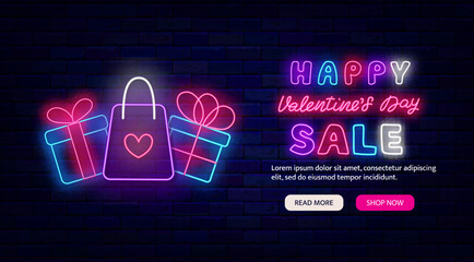 Valentines Day Sale neon flyer template. February special offer. Holiday marketing. Vector stock illustration