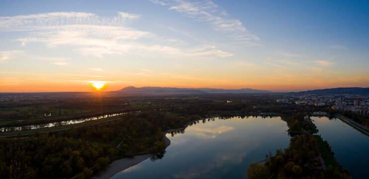 Panoramic aerial view of scenic sunset above Jarun lake, Zagreb, Croatia.