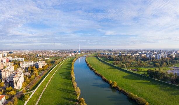 Panoramic aerial view of scenic sunset above Sava river, Zagreb, Croatia.