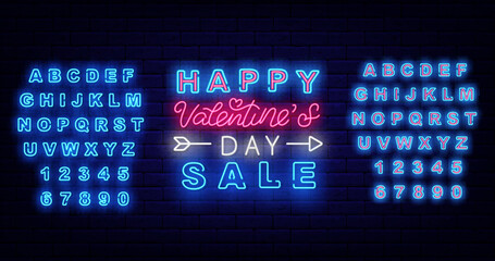 Happy Valentines Day Sale neon signboard. Luminous blue alphabet. Banner on brick wall. Vector stock illustration