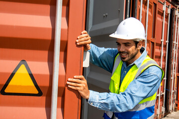A male worker wearing a safety vest and helmet opens the container door and conducts regular inspections
