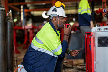 Electrician at robot factory measurement with multimeter testing current electric in control panel.