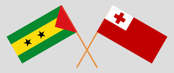 Crossed flags of Sao Tome and Principe and Tonga. Official colors. Correct proportion