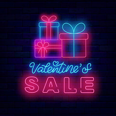 Happy Valentine Day Sale neon sign. Marketing label. Gift boxes stack. Special offer advertising. Vector illustration