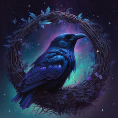 Beautiful crow in fantasy wreath