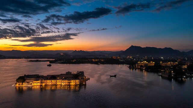 Aerial View Of Udaipur At Night, Rajasthan, India.