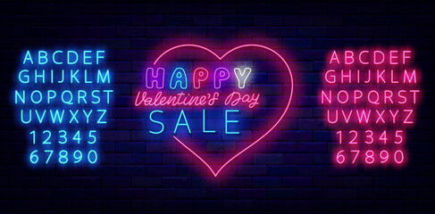Happy Valentine Day Sale neon signboard. Heart frame. Luminous pink and blue alphabet. Vector stock illustration