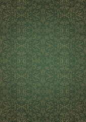 Hand-drawn unique abstract gold ornament on a green warm background, with vignette of darker background color and splatters of golden glitter. Paper texture. Digital artwork, A4. (pattern: p03e)