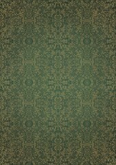 Hand-drawn unique abstract gold ornament on a green warm background, with vignette of darker background color and splatters of golden glitter. Paper texture. Digital artwork, A4. (pattern: p06e)