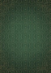 Hand-drawn unique abstract gold ornament on a green warm background, with vignette of darker background color and splatters of golden glitter. Paper texture. Digital artwork, A4. (pattern: p08-1f)