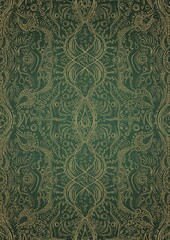 Hand-drawn unique abstract gold ornament on a green warm background, with vignette of darker background color and splatters of golden glitter. Paper texture. Digital artwork, A4. (pattern: p09d)