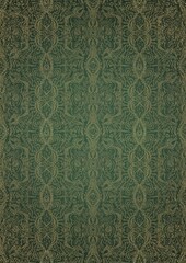 Hand-drawn unique abstract gold ornament on a green warm background, with vignette of darker background color and splatters of golden glitter. Paper texture. Digital artwork, A4. (pattern: p09e)