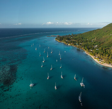 Aerial View Of Sailing Boats In Opunohu Bay, Moorea, French Polynesia.