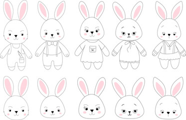 set rabbits doodle sketch ,outline isolated vector