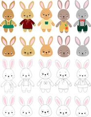 rabbits cartoon set in flat style, isolated vector