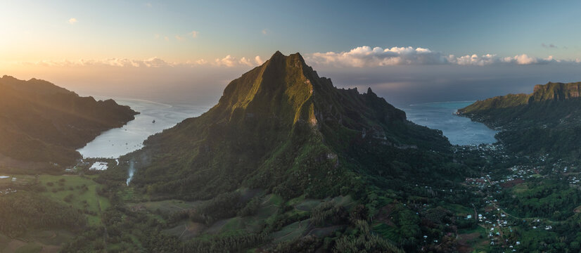 Panoramic aerial view of Opunohu Bay, Moorea, French Polynesia.
