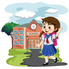 Obraz na płótnie Canvas Cute cartoon girl going to school with her backpack vector illustration
