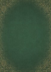 Warm green textured paper with vignette of golden hand-drawn pattern. Copy space. Digital artwork, A4. (pattern: p04e)