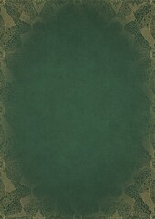Warm green textured paper with vignette of golden hand-drawn pattern. Copy space. Digital artwork, A4. (pattern: p05e)